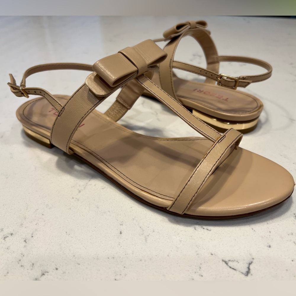 Tan T Strap Bow Sandals